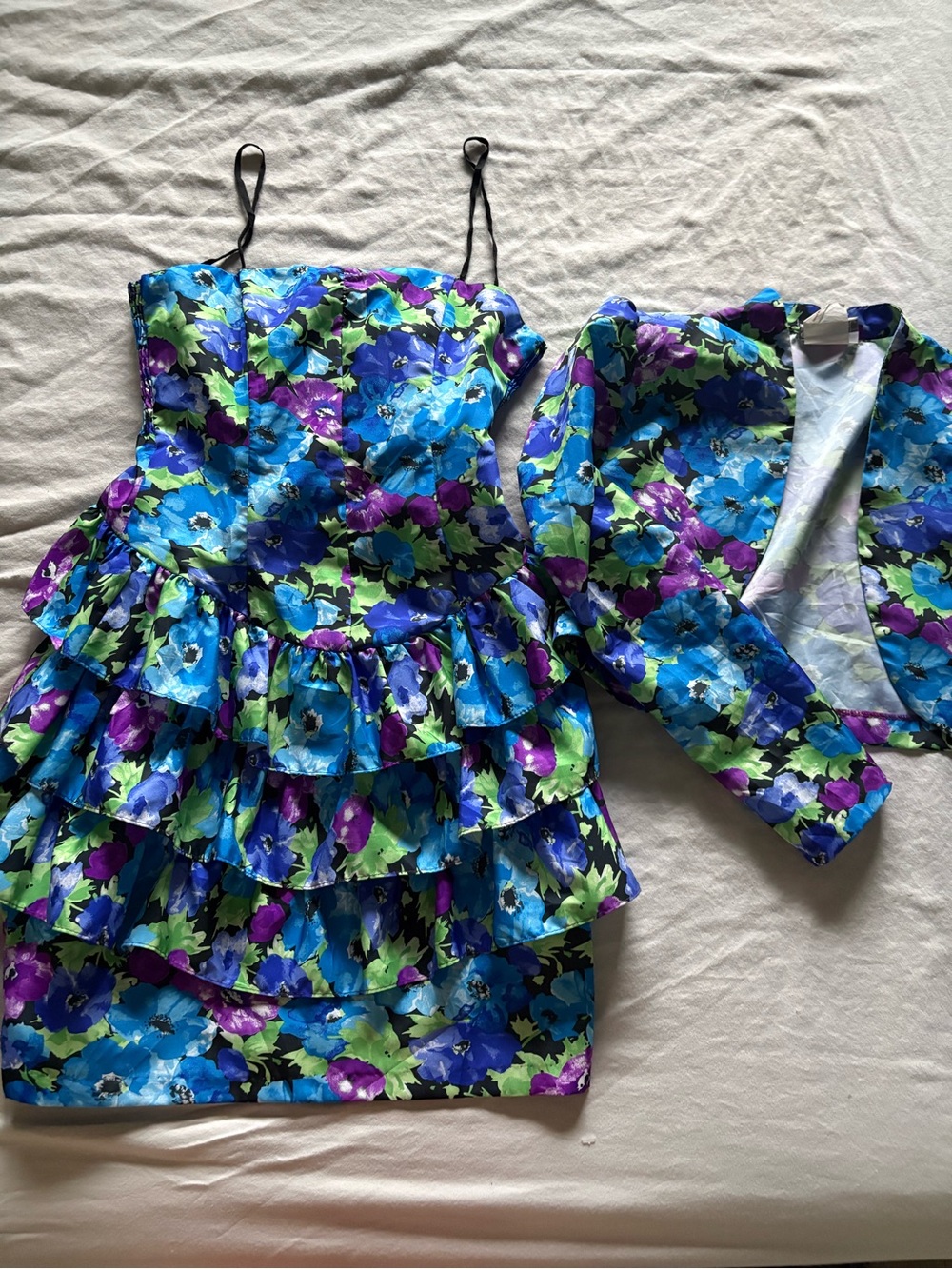 Smart Set Vintage Blue & Purple Floral Ruffle Dress and Matching Blazer Set